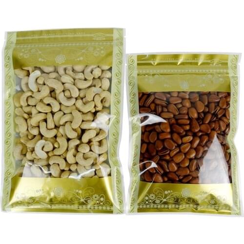 Retail 14*20cm 100Pcs/Lot Ziplock Gold Clear Packaging Bag With Window Self Seal Plastic Food Packing Bags For Food Package Bag