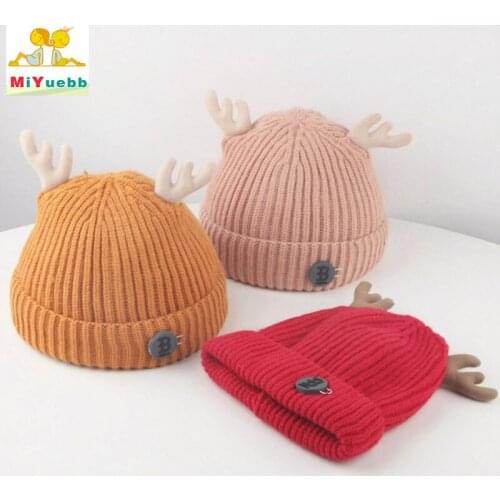 New baby young child Winter boys girls 3 months to 2 year old Solid color cap Keep warm antlers knit lovely hat outdoor Fashion