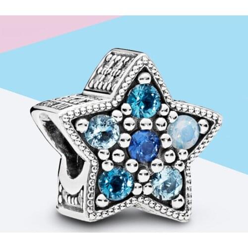Leabyl Pentagram Star Blue Crystal Charms fit Bracelets & Bangles Silver Color Big Hole Beads for DIY Jewelry Making