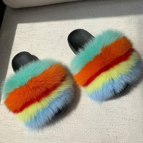 Womens Colorful Real Fox Fur Slippers Female Furry Slides Girls Luxury Sandals Ladies Fluffy Flip Flops Cute Shoes Large Size