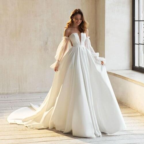 UZN Boho Satin Wedding Dress A-Line Illustion V-neck Puff Sleeves Bridal Gowns Hot Sale Brides Dress Custom Made