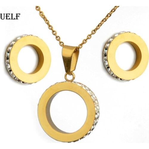 UELF Gold Color Austrian Crystal Classic Hollow Round necklace pendant earrings Stainless Steel jewelry set
