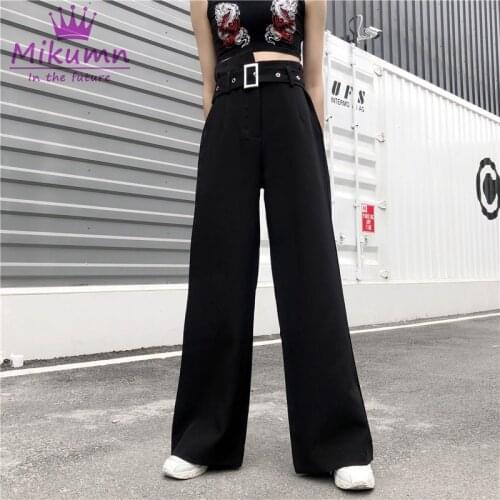 Harajuku Women Wide Leg Pants Black High Waist Full Length Trousers Spring Autumn Loose Causal Pants With Belt