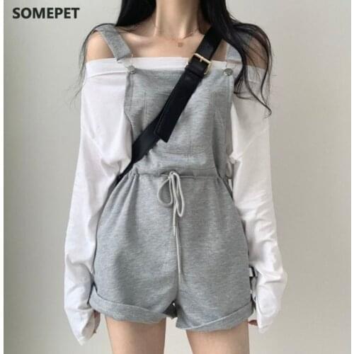 Womens Off-shoulder Casual All-match Waist Loose Loose Jumpsuit Shorts Bib + Long-sleeved Bottoming T-shirt Suit 2021