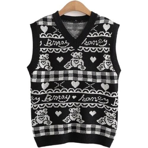 Harajuku Cartoon Bear Embroidery Women Sweater Vest Kawaii Cute Knitted Pullover 2021 Winter Sleeveless Korean Style Soft Tops