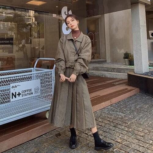 Women Vintage Plaid 2 Piece Set 2021 Autumn Winter Clothes Elegant Chic Loose Short Jacket Coat Long Pleated Skirts Outfits 8182