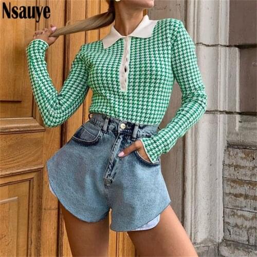 Nsauye Vintage Houndstooth Knitted Slim Pullover Y2K Kawaii Pink Sweater Shirt Tops Winter Clothes Fashion Jumper Women 2021