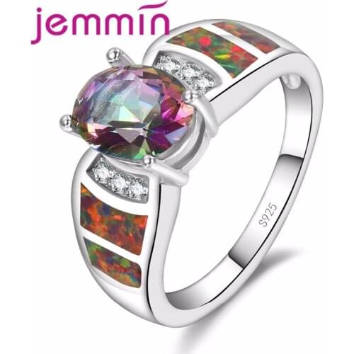 Fine Juxury Rainbow Fire Opal Ring For Women Engagement S925 Sterling Sliver 6 Micro Clear White Crystal Bijoux With Bi