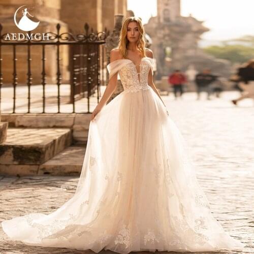 Aedmgh A-Line Boho Wedding Dresses 2021 Strapless Off The Shoulder Vestido De Novia Lace Applique Open Back Tulle Robe De Marige