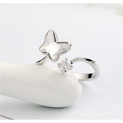 Butterfly crystal open ring 100% Sterling 925 silver Jewelry Vintage Adjustable rings for women girl gift free size