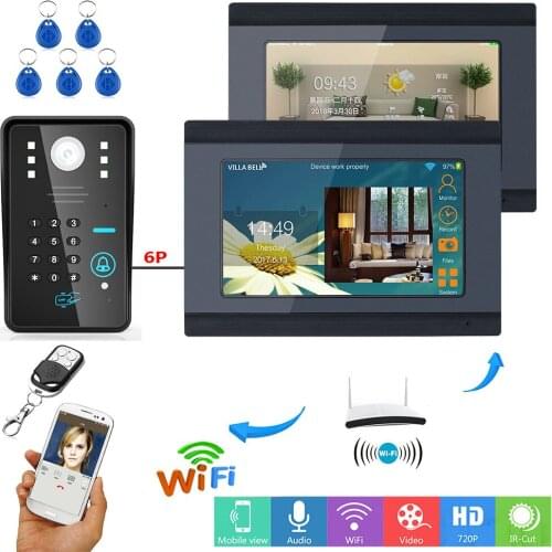 2 Monitors 7" Wired / Wireless Wifi RFID Password Video Doorbell Intercom System with IR-CUT HD 1000TVL Camera Night Vision