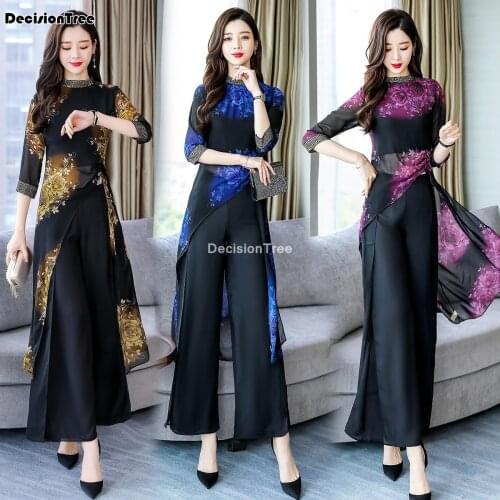 2021 women cheongsam vietnam aodai long elegant dress suit female dress ao dai chinese dress+pants sets oriental qipao clothes