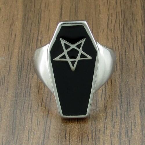 Free Shipping Punk 316L Stainless Steel Black Epoxy Lucky Five-Pointed Star Coffin Ring
