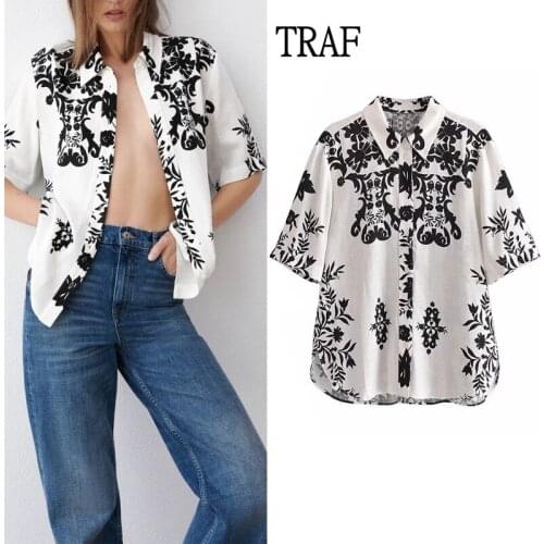 TRAF Za Top Womens Blouses 2021 Vintage Linen Print Loose Short Sleeve Women Shirts Buttons Casual Woman Clothing Chic Tops