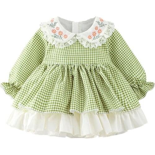 Childrens Clothes Autumn Girls Embroidered Collar Plaid Dress Baby Baptism Party Dresses Children Long Sleeved Princess Dress