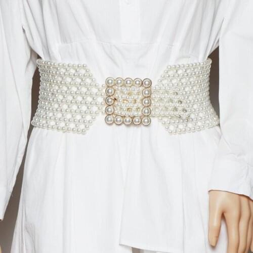 Elegant Ladies Weaving Pearl Waist Belt Wide Elastic Waistband Female Hollow Out Pearl Cinturon Strap Dress Shirt Corset 2021