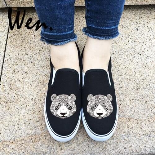 Wen Unisex Canvas Shoes Black White 2 Colors Slip On Sneakers Original Design Animal Panda Tattoo Outdoors Sports Shoes