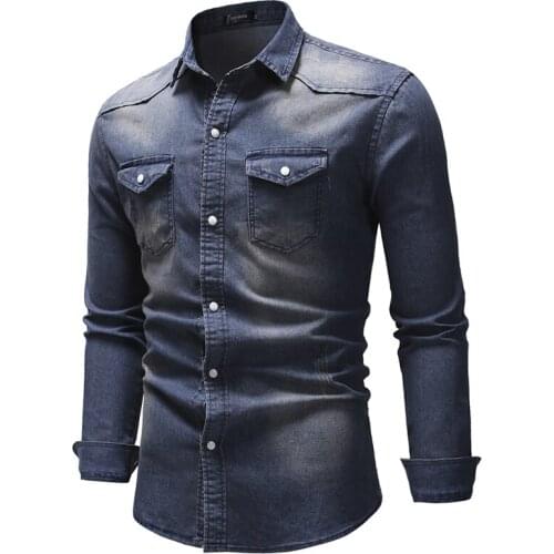 Men Spring Solid Color Cotton Jeans Shirt High Quality Long Sleeve Denim Shirt for Men Casual Spring Mens Shirts