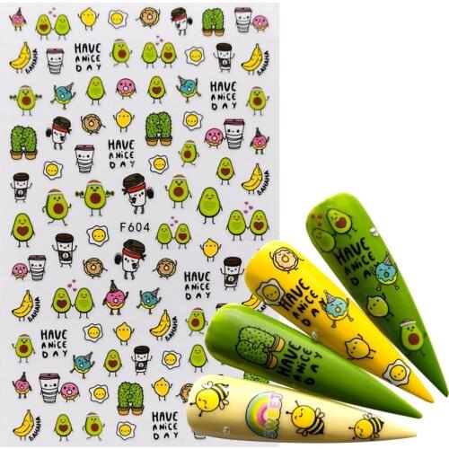 Avocado Cactus Nail Stickers For Manicure Nail Decals Adhesive Decal Wolf Butterfly Kiwi Flower Leaves Nail Sticker 3d Stickers