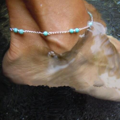 Blue Bead Anklet Simple Shape Silver color Gold color Plated with Metal Chain Women gift