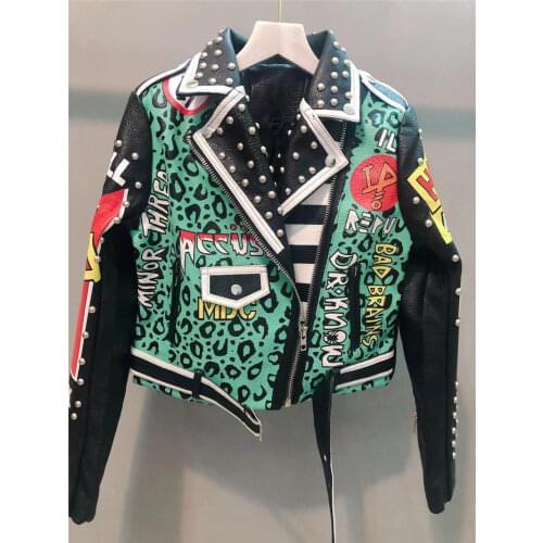 Fall Punk Graffiti Zipper Rivet Faux Leather Jacket Women Green Autumn Rock Crop Motorcycle Biker Jackets Ladies Short PU Coat