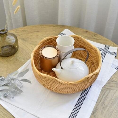 Hadewoven Round Rattan Fruit Basket Wicker Food Tray Weaving Storage Holder Dinning Room Bowl Serving Basket for Food