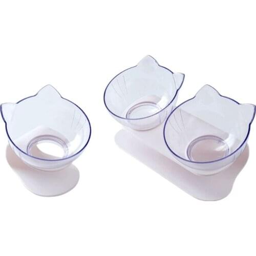 Pet Adjustable Tilting Bowl Cats Dogs Feeding Food Water Container Single Double Bowls Transparent Cat Ear Shape M76D