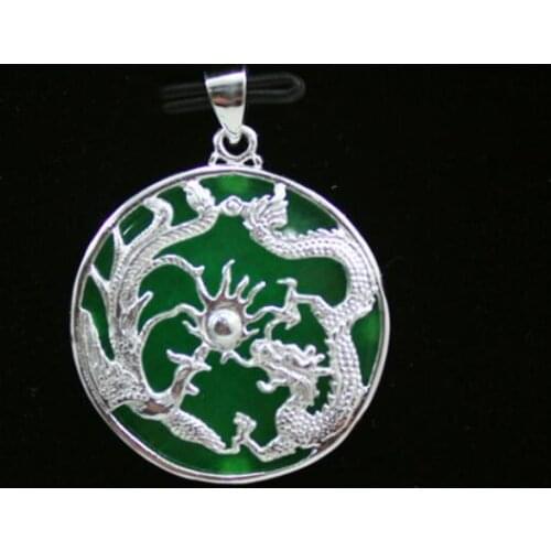 Silver set green jade Dragon Phoenix Pendant Necklace fine jewelry
