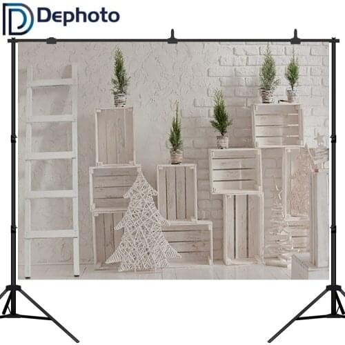 Dephoto Christmas Backdrop Vinyl Photography Background Christmas Tree Wood Stair Brick Wall Children Backdrops for Photo Studio
