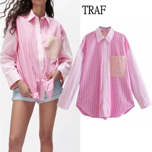TRAF Za Women Blouse Top 2021 Pink Stripes Long Sleeve Button Up Shirt Spring Loose Blouse Female Asymmetric Hem Chic Clothing