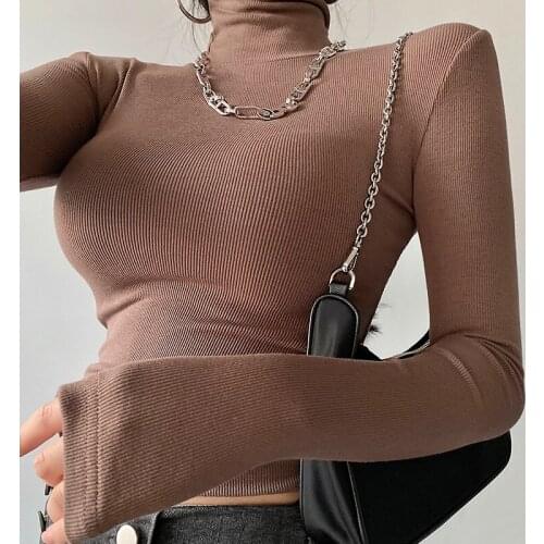 WOMENGAGA Turtleneck Long Sleeve Solid Color Simple Tight Elastic Bottomed T-shirt Women All-match Casual Female Tops FYVK