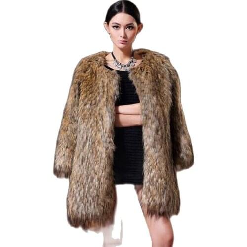 S-6XL New Fashion Female Clothes Imitation Fox Fur Coat Ladys Medium Length Imitation Raccoon Collar Women Winter Overcoat