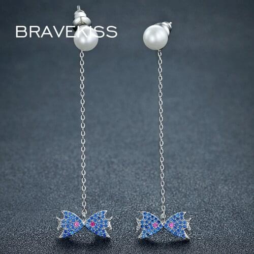 BRAVEKISS Blue Butterfly Cubic Zirconia Long Drop Earrings For Women Cute fashion Pearl Dangle Earring Accessories 2019 BUE0310