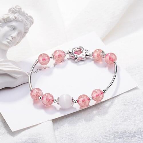 Natural Pink Strawberry Crystal Six-pointed Star Peach Blossom Jewelry 925 Sterling Silver Bracelets For Women Bijoux SB119