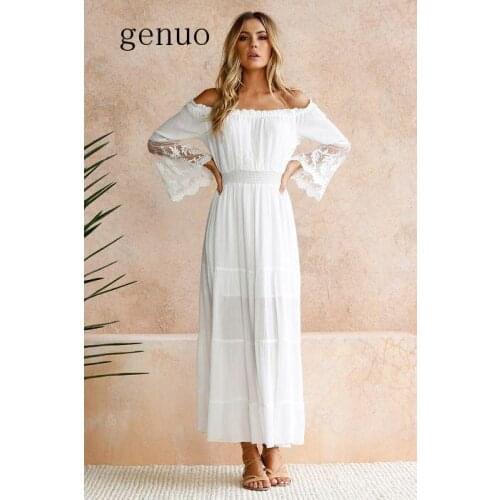 Women White Beach Dress Strapless Long Sleeve Loose Sexy Off Shoulder Lace Boho Women Maxi Dress