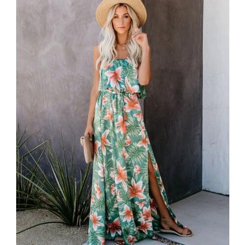 Women Maxi Chiffon Floral Strapless Dress Summer 2021 Tropical Boho Elegant Casual Korean Party Vacation Runway Vestidos Long