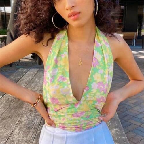 Sexy Woman Green Print Halter Tops 2021 Summer Fashion Female V Neck Backless Beach Vest Gilrs Y2K Cropped Tops