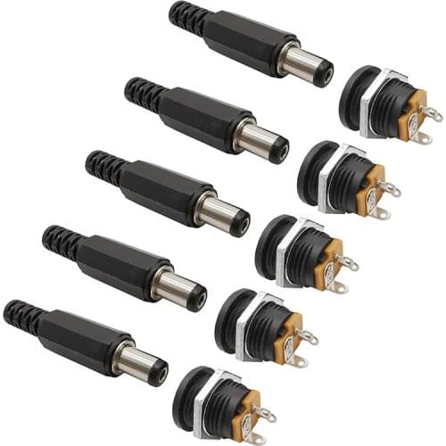 5Pairs 5.5x2.1mm DC Power Male Plug Adapter DC-022 5.5*2.1mm Female Socket Nut Panel Mount Supply Plugs Jack Conenctor