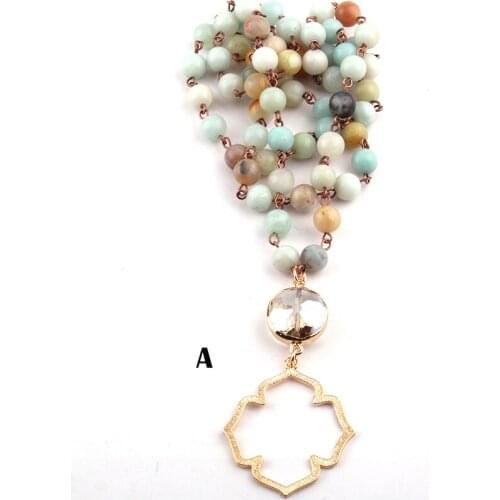 Free Shipping Bohemian Jewelry Amazonite Stones Rosary Chain Link Crystal Flower of Life Necklace For Women Ethnic Necklace
