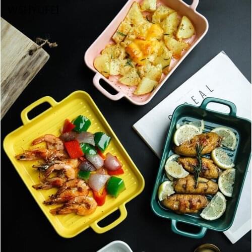 Nordic binaural square baking dish ceramic plate baking bowl baked rice plate snack dish salad bowl easy to clean kitchen tools