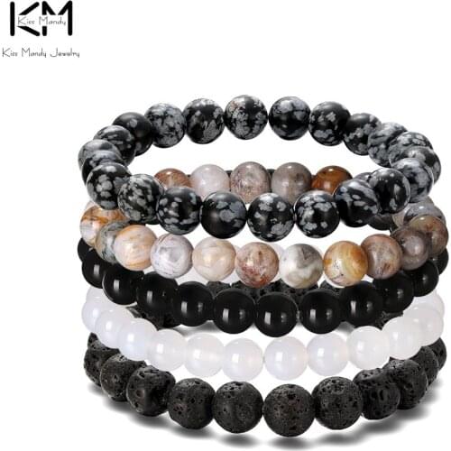 Effie Queen 5Pcs/set Obsidian Bracelet Women Men Lava Rock Natural Stone Beads Bracelet Energy Reiki Round Beads Bracelet GMB46