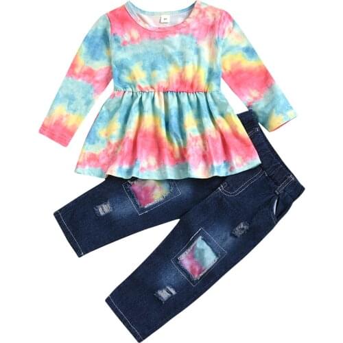 Kids Toddler Girls 2 Pcs Spring Autumn Clothes Sets, Long Sleeve Round Neck Tie Dye Shirts + Patchwork Denim Pants 1-6Years