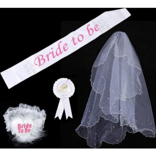 Elegent Bride To Be 1 Set WHITE Rosette Mantilla Badge Sash Garter Veil Hen Night Party Newest