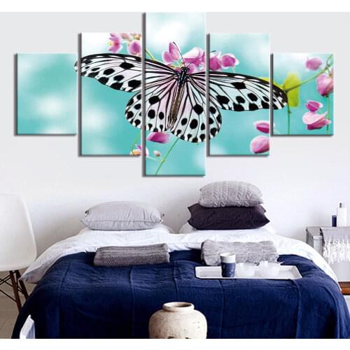 HD Printed Painting on Canvas 5 Pcs Posters Butterfly and flower Prints Wall Art Pictures Home Decor childrens room F4278