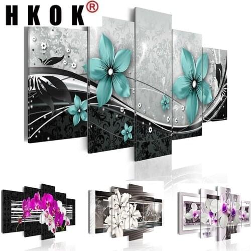 HKOK 5 Panels Flowers Art Wall Painting Print on Canvas for Home Decor Modern Art Print Orchid Flower Living Romm Decoration