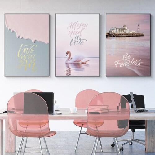 Ins style pink swan all you need is love be fearless Macaroon Modern Wall Art Picture Canvas Painting for girls room Decor gift