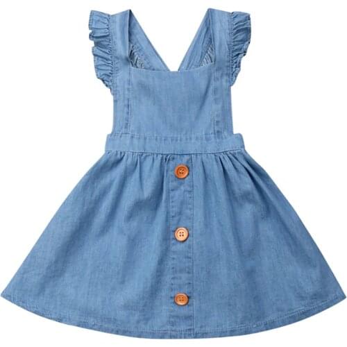 Summer Toddler Baby Girls Kids Dress Strap Party Casual Dress Blue Denim Button Sundress Overalls Clothes