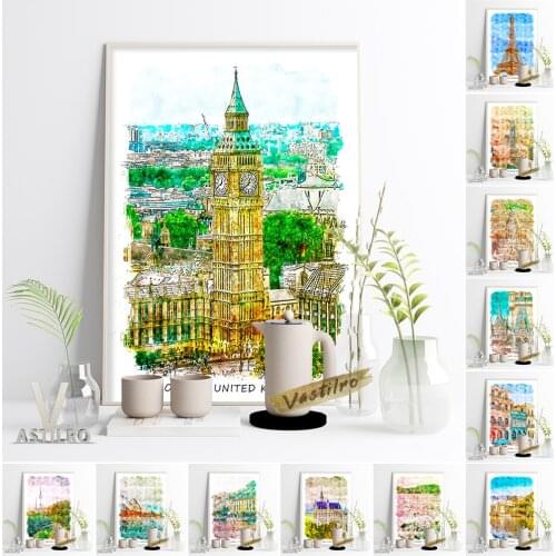 World Travel City Scenery Watercolour Poster Paris Hong Kong Rome Orlando Sydney London Como Modern Landscape Wall Art Decor