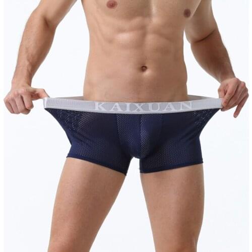 AIIOU Mens Mesh Underwear Ice Silk Underpants Nylon Sexy Breathable Gay Male Panties Men Boxer Shorts Solid Cueca Men Trunks