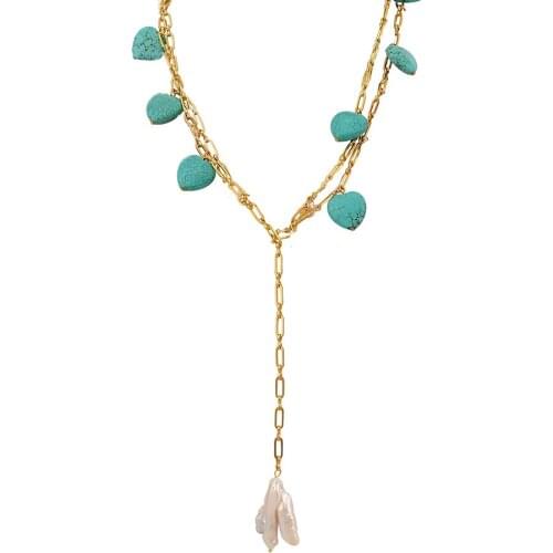 Baroque Heart-shaped Blue Pine Stone Necklace Porcelain Trendy Jewelry For Women Add Charm Gold color Chain Pearl Pendant choker